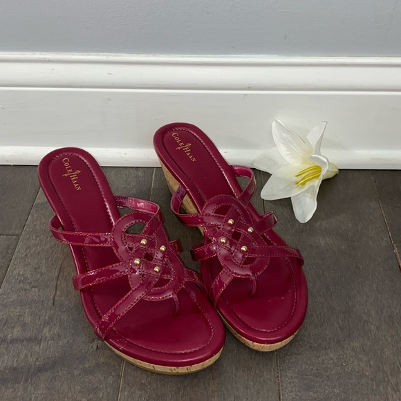 Cole Haan raspberry patent leather cork wedge sandals - Picture 3 of 8